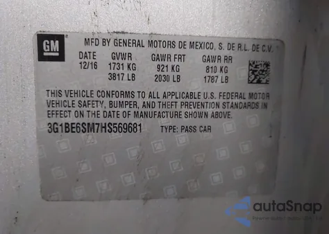 2017 Chevrolet Cruze Lt Auto from USA, damaged, VIN 3G1BE6SM7HS569681